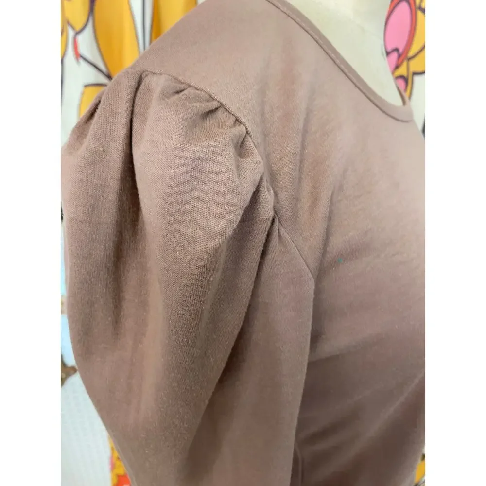 vintage 1970s puff sleeve applique top brown 70s t-shirt small gathered shoulder - Picture 5 of 8
